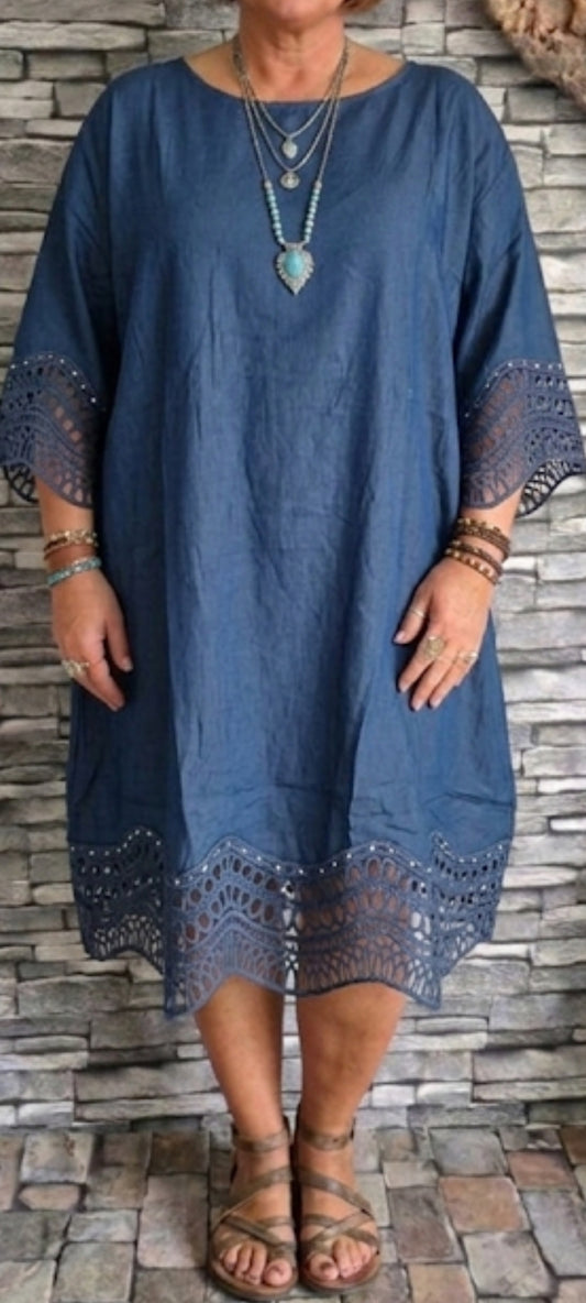 🪷Tunique Boho-Chic Denim & Dentelle
