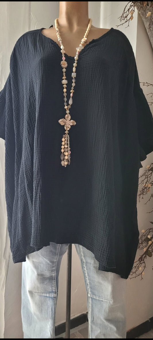 🌼 Tunique Oversize en Gaze de Coton – noir