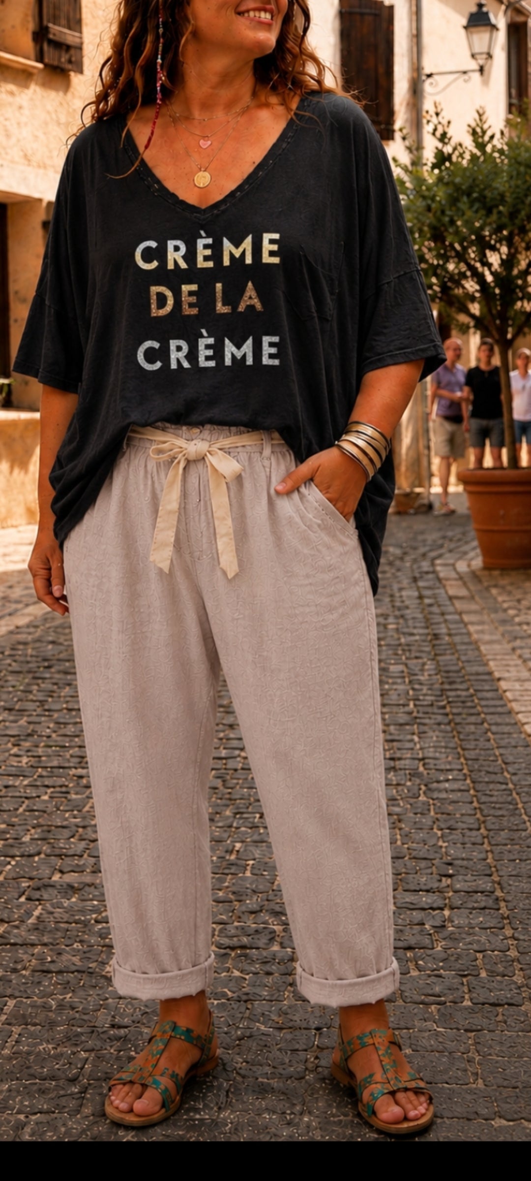 🎀 Pantalon "Escale Bohème" – crème en Coton & Lin
