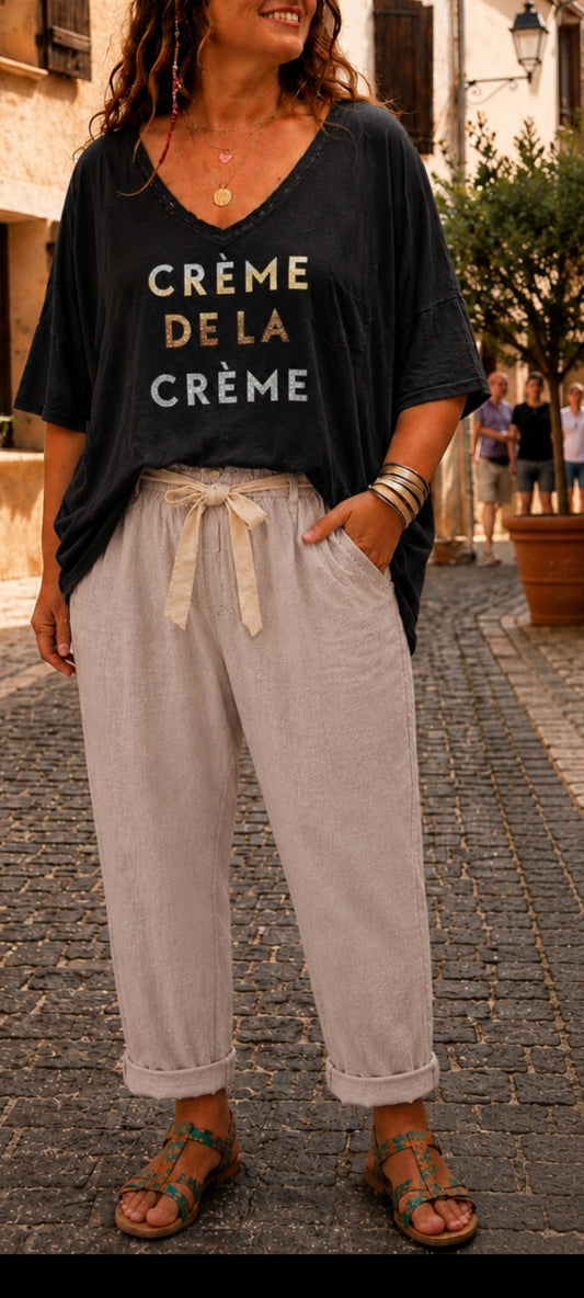 🎀 Pantalon "Escale Bohème" – crème en Coton & Lin