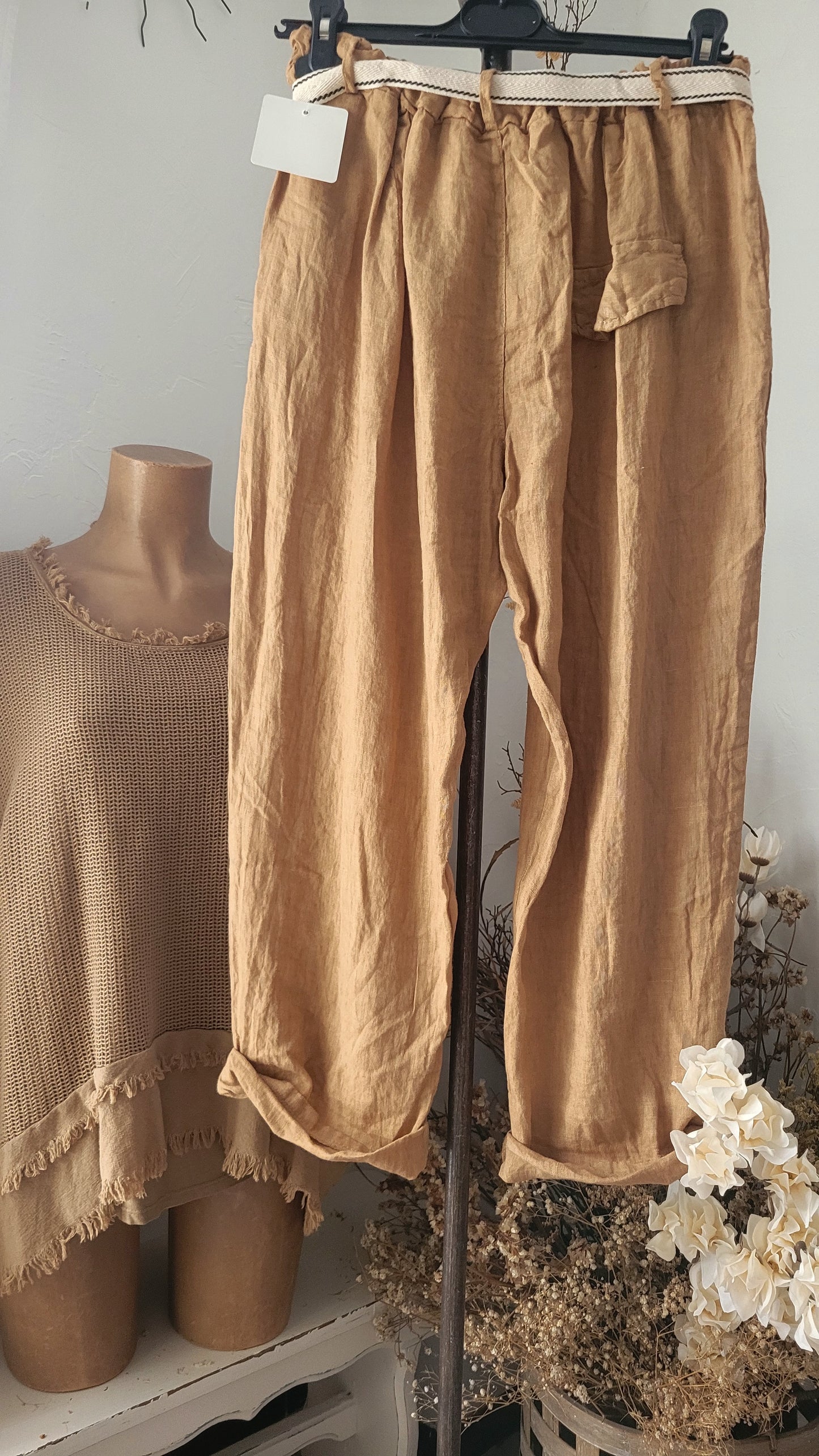 🍀 Pantalon Ample en Lin Tissé – camel