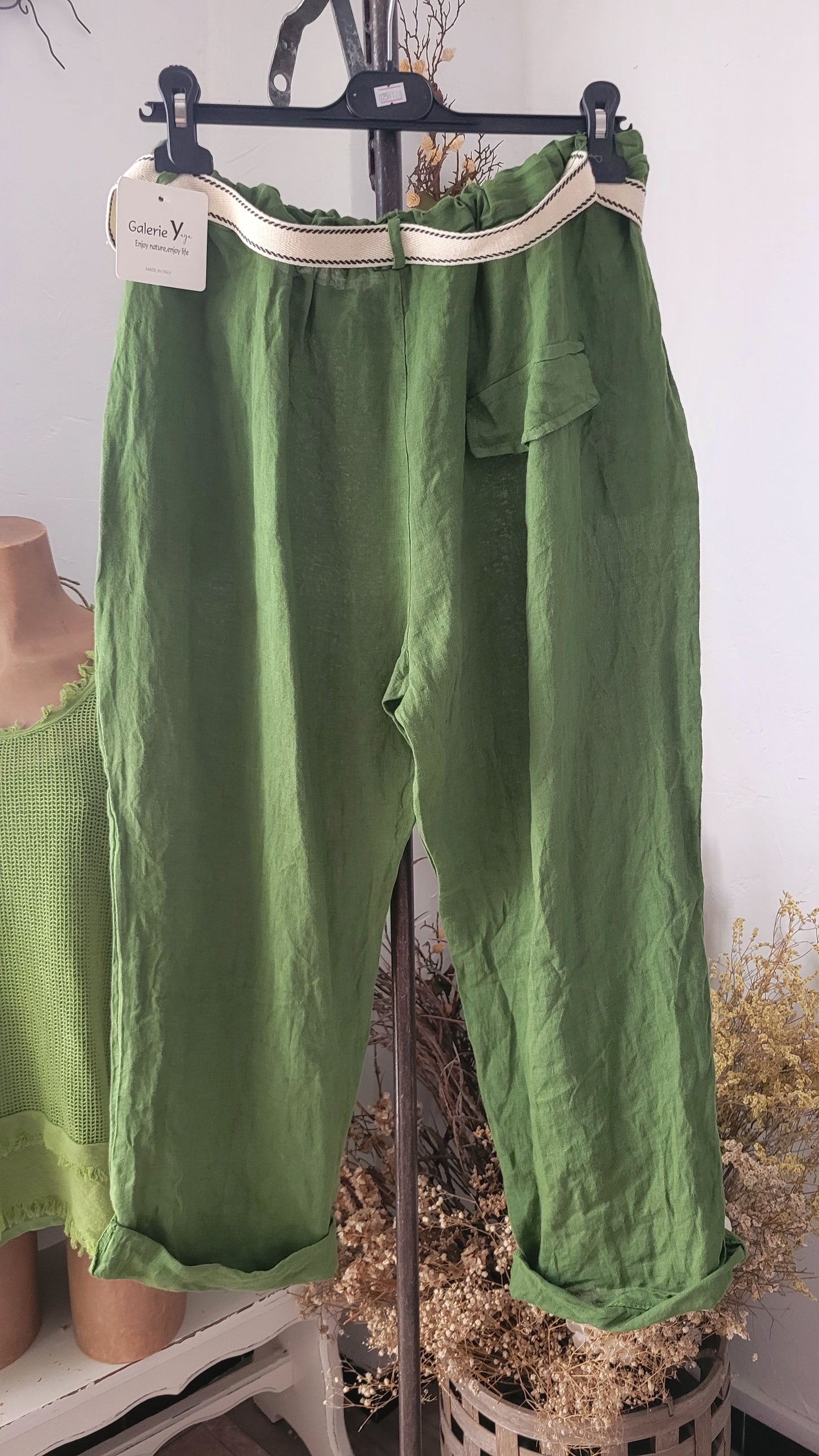 🍀 Pantalon Ample en Lin Tissé – Vert Émeraude