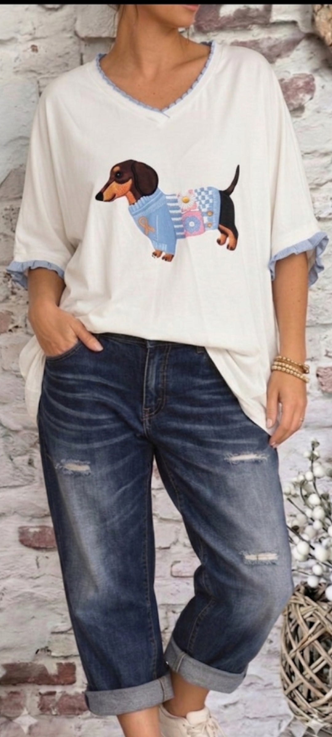 💙T-shirt Teckel à Pull – Blanc & Bleu Ciel