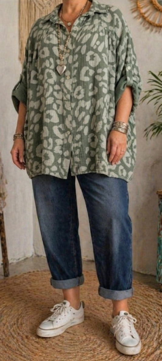 💕Chemise Oversize en Voile de Coton Gaufré à Imprimé Léopard vert