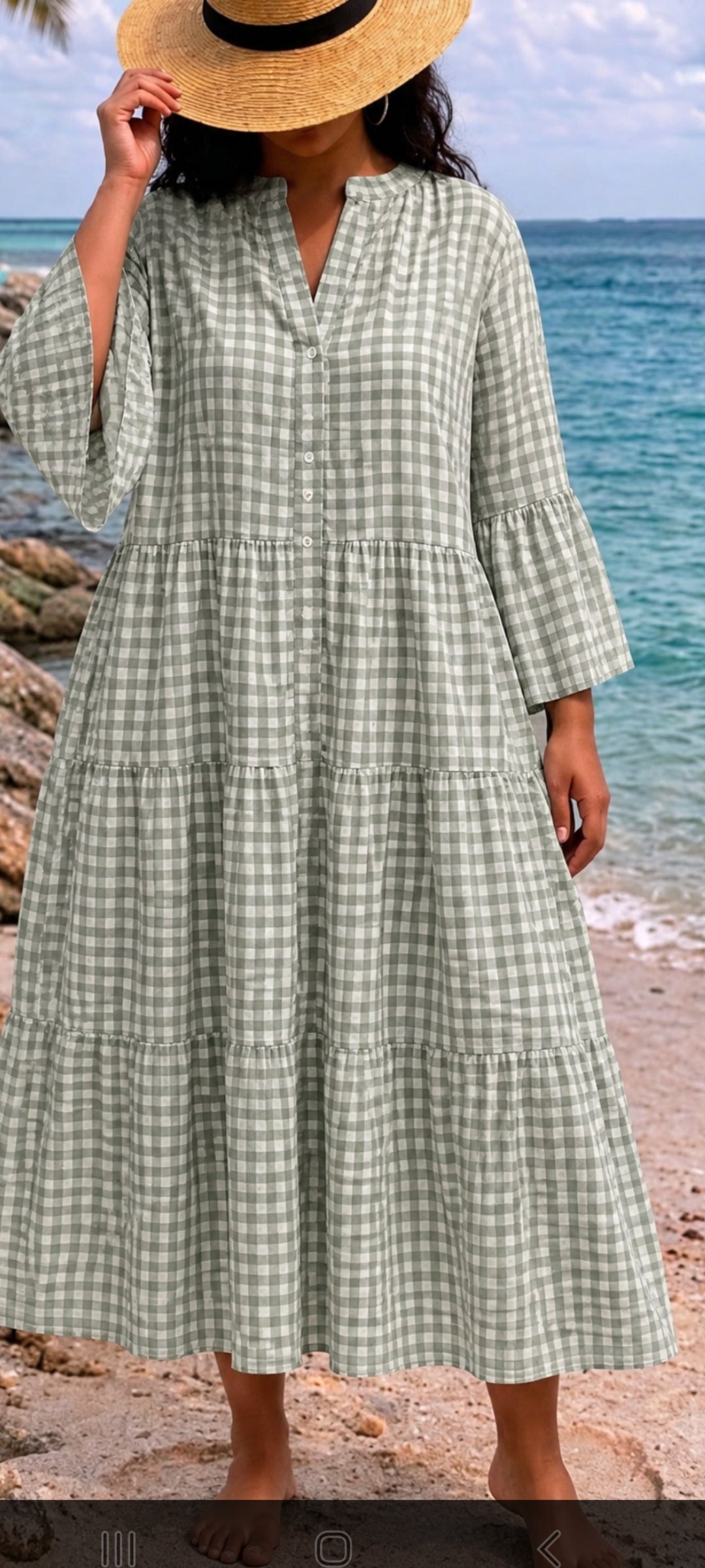🌴 Robe longue Vichy bohème – Vert sauge