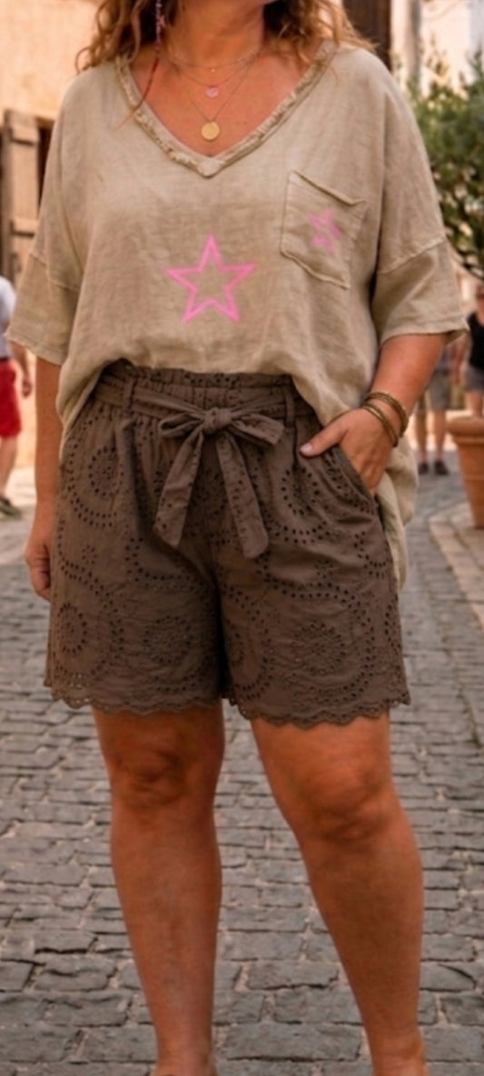 🍀 Short en Broderie Anglaise "Bohème Chic" – Marron Chocolat