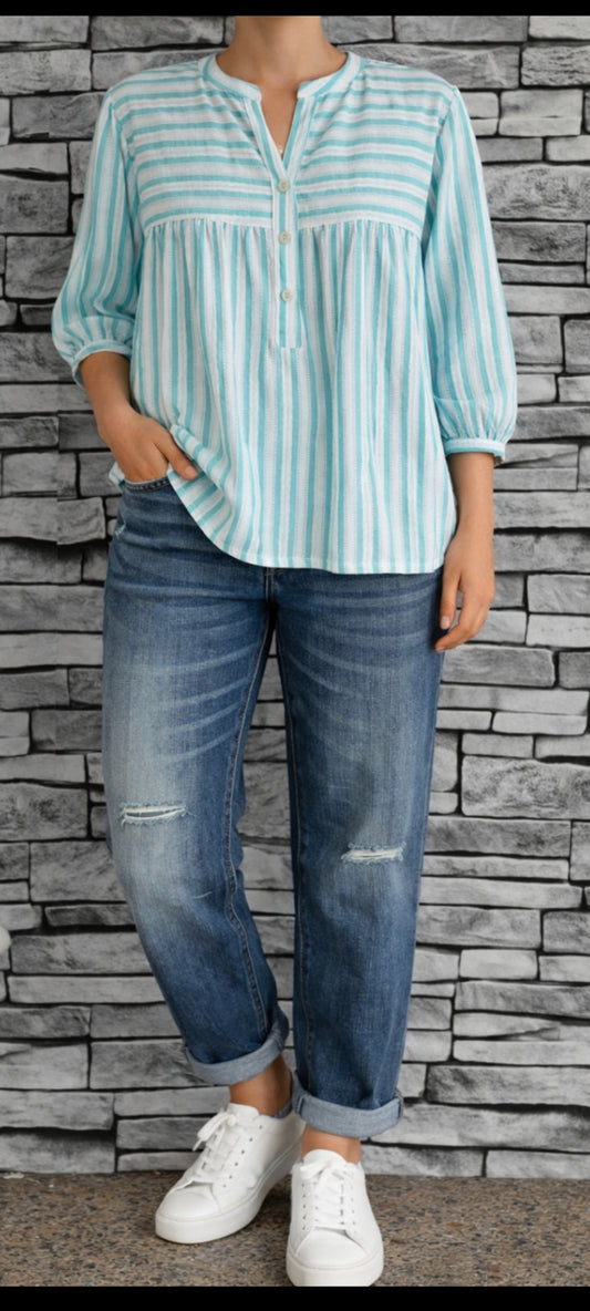 💗 Blouse Fluide à Rayures Azur – Style Bohème Chic