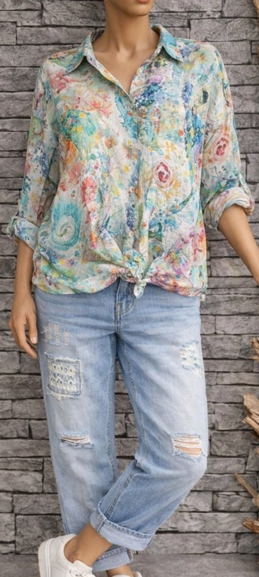 💙 Chemise "Aquarelle Florale" – Douceur Viscose & Tencel™