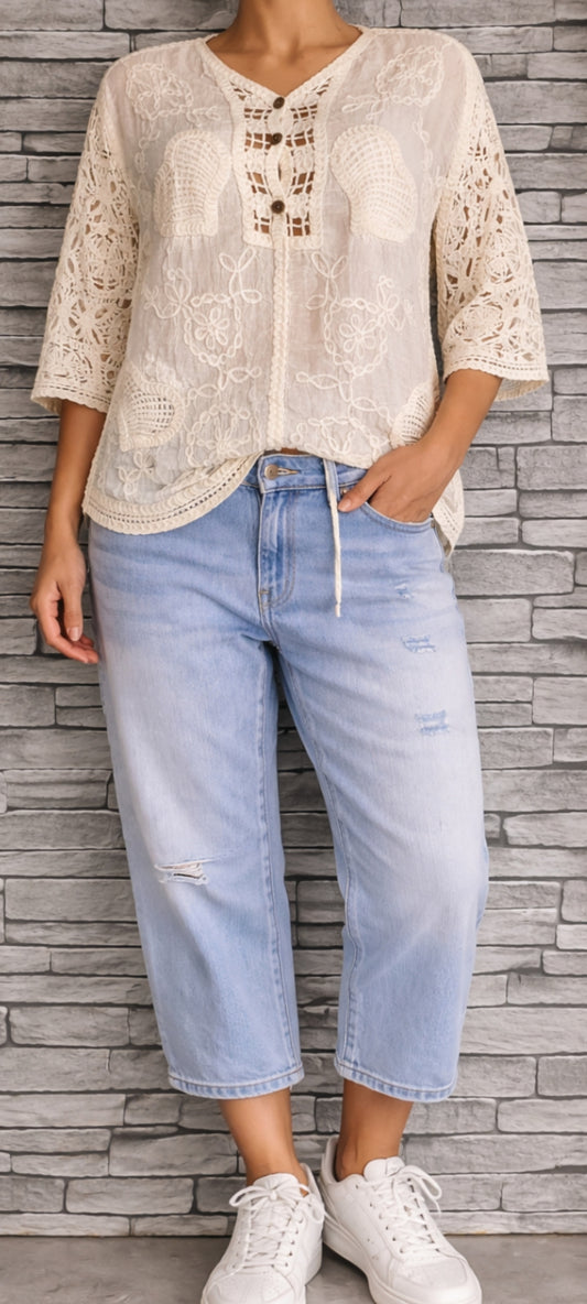 🌸 Haut Bohème en Crochet et Broderie Anglaise