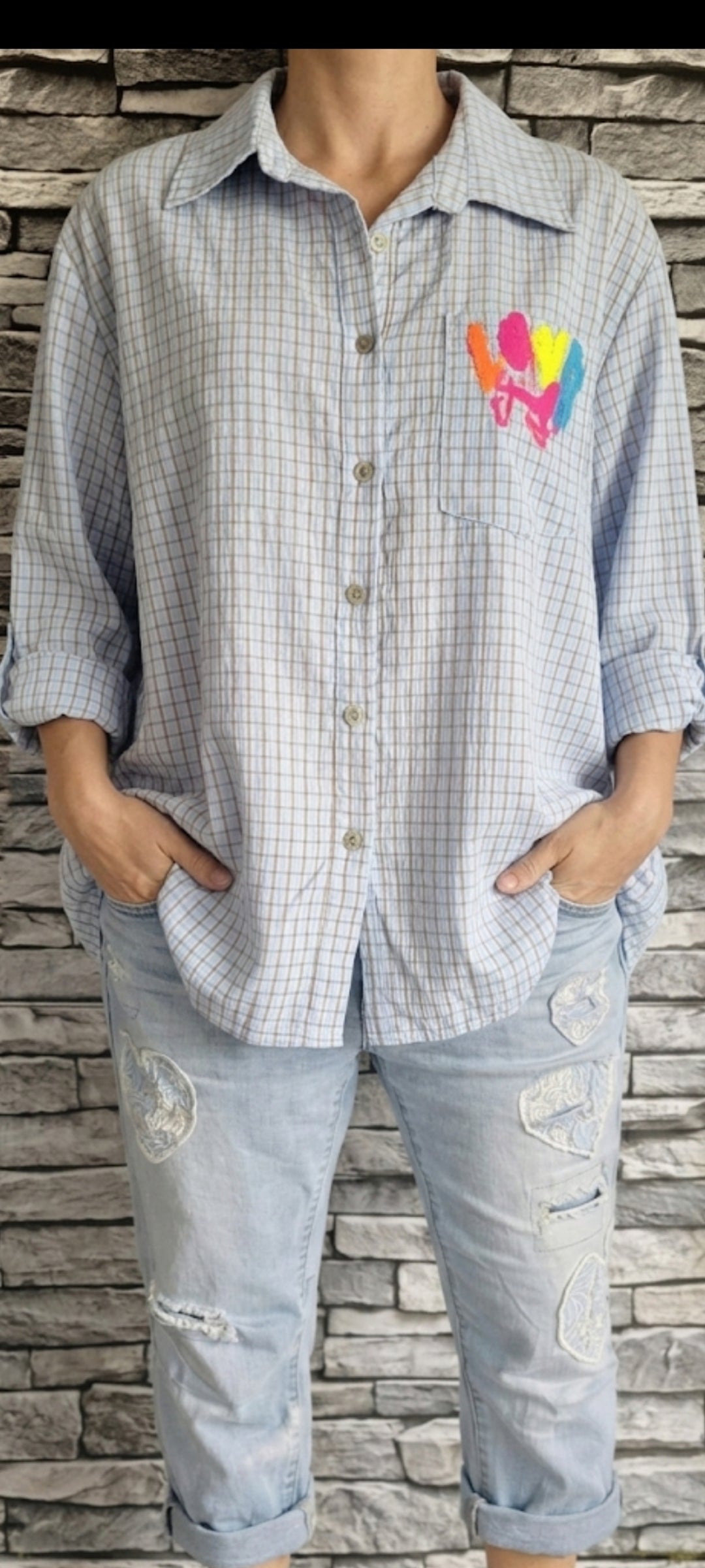 💋 Chemise Oversize Carreaux & Patch "LOVE"