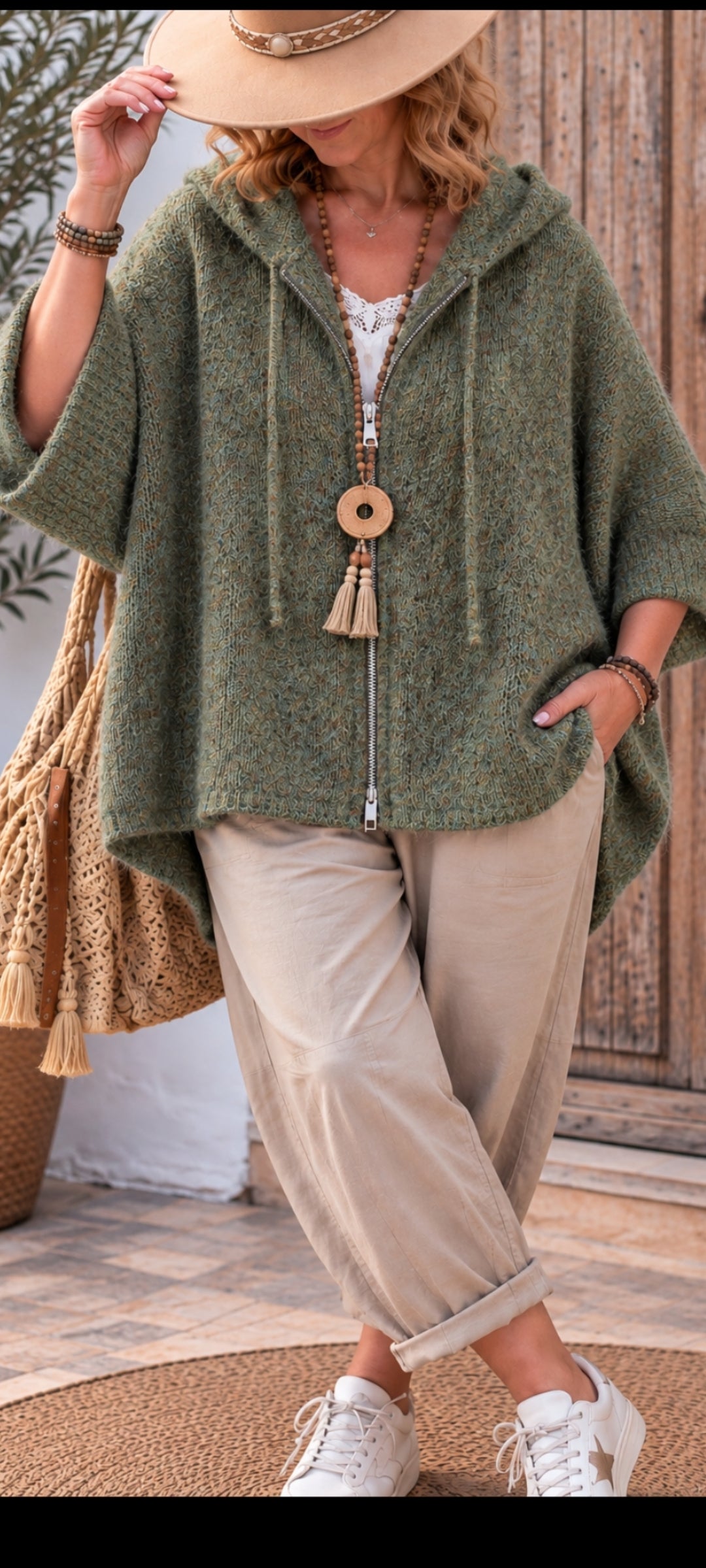 Gilet poncho oversize à capuche – Style bohème chic
