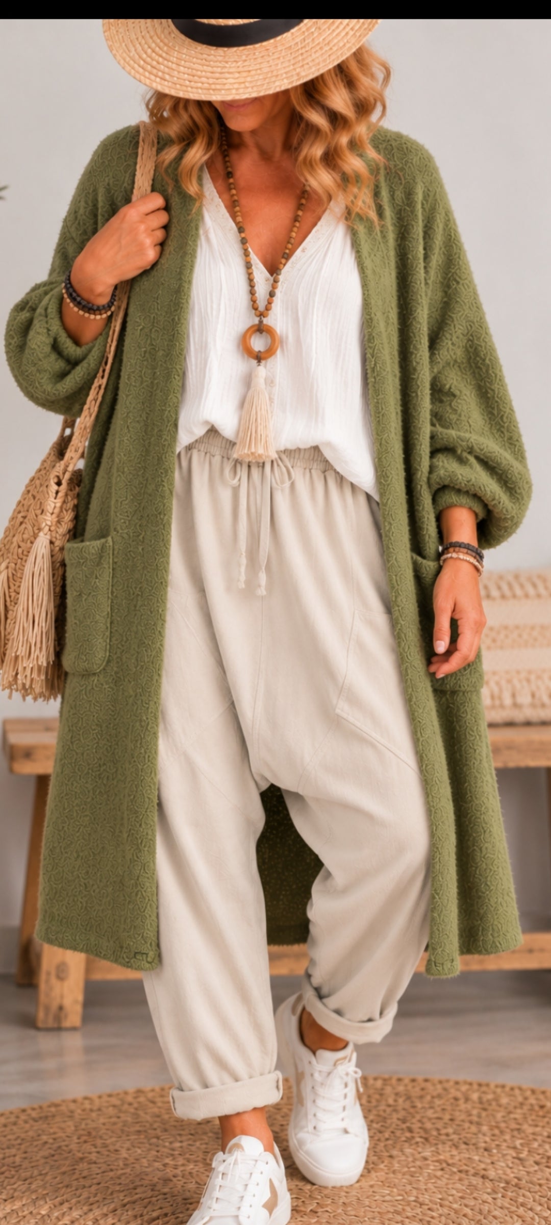 Veste ouverte longue en vert-olive style bohème