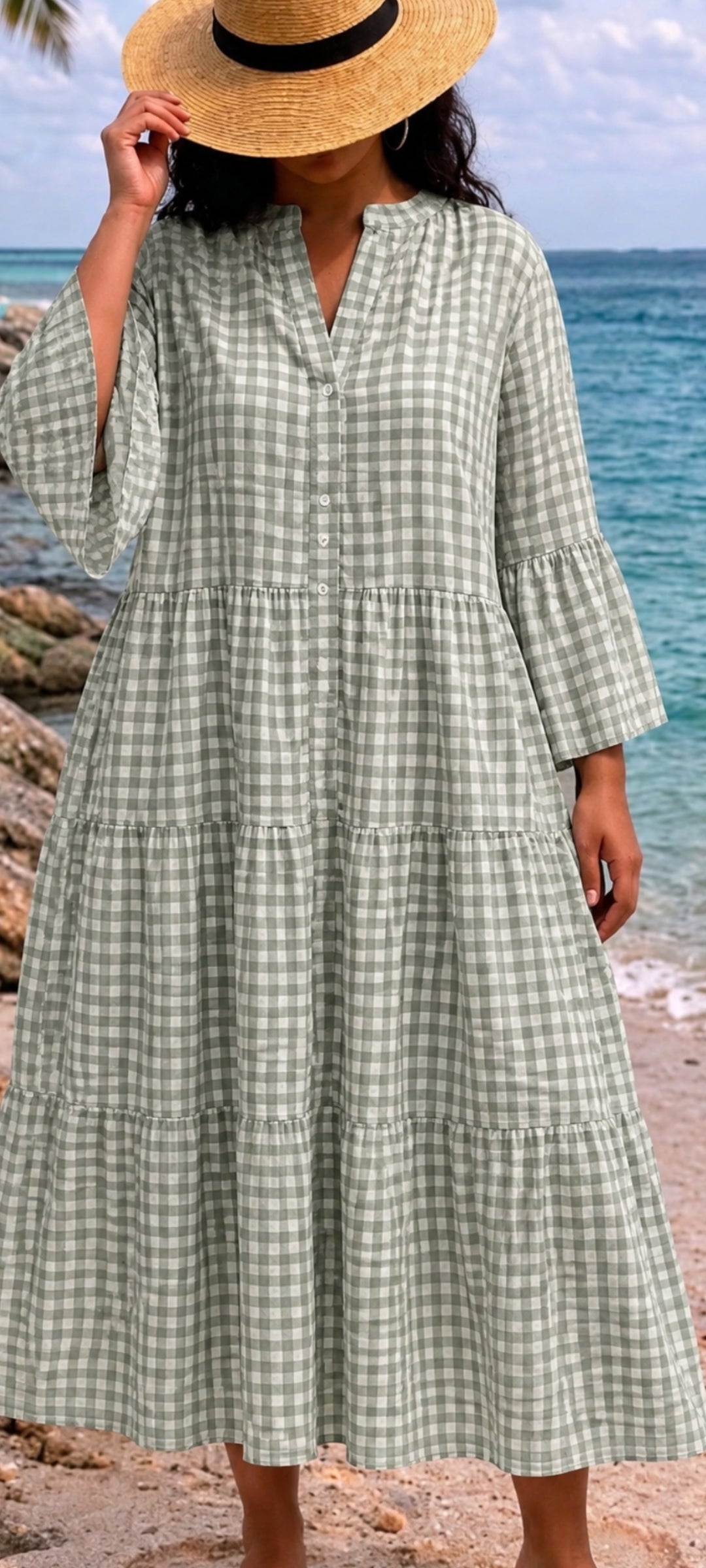 🌴 Robe longue Vichy bohème – Vert sauge