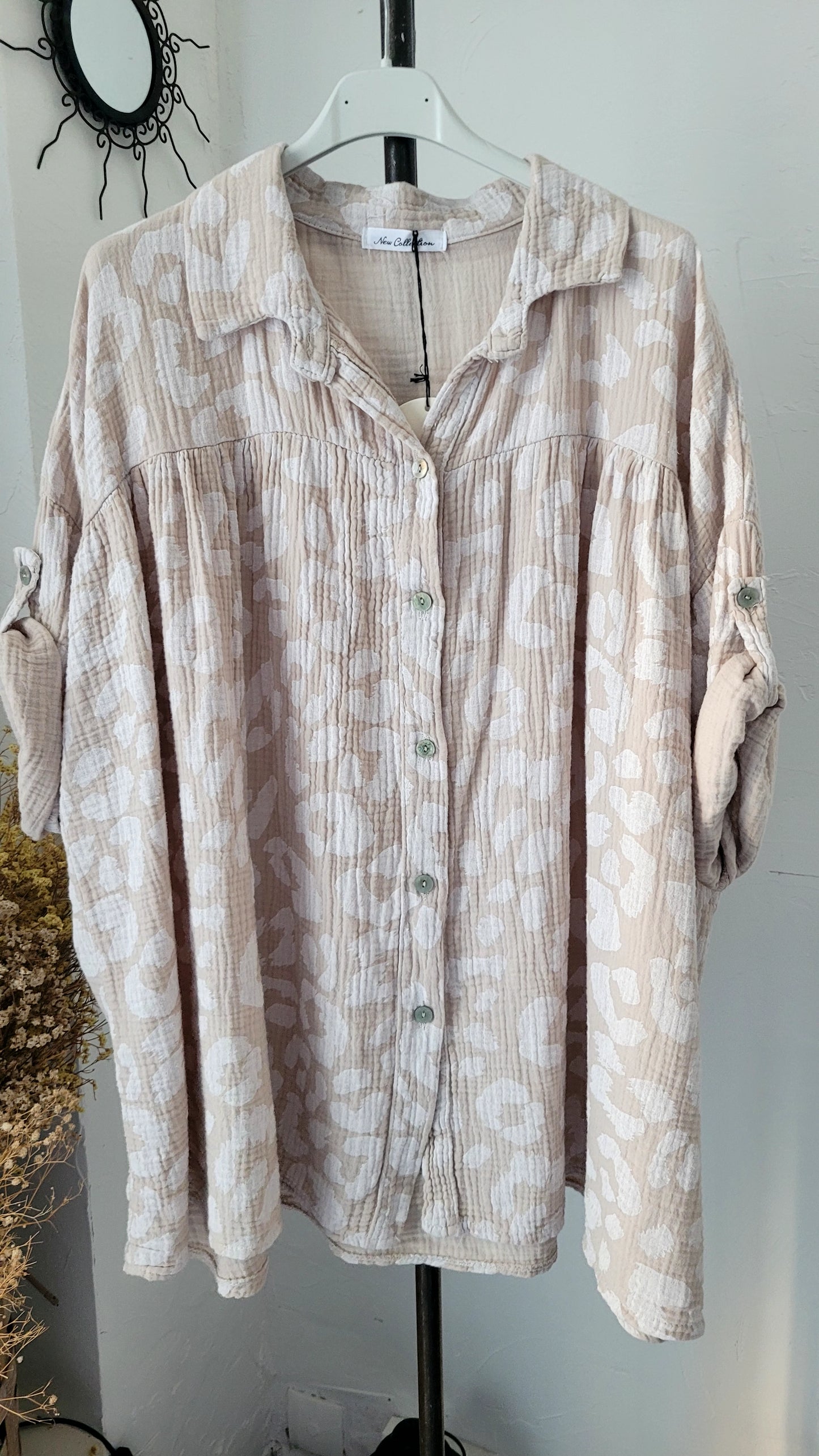💕Chemise Oversize en Voile de Coton Gaufré à Imprimé Léopard beige