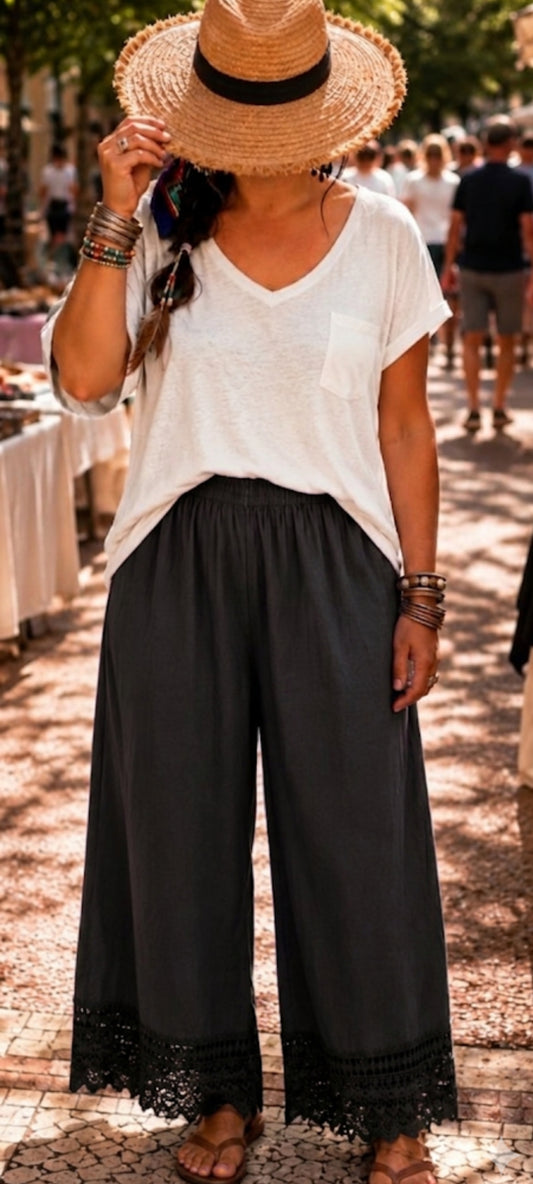🎀 Pantalon large et fluide en coton noir  , style bohème.
