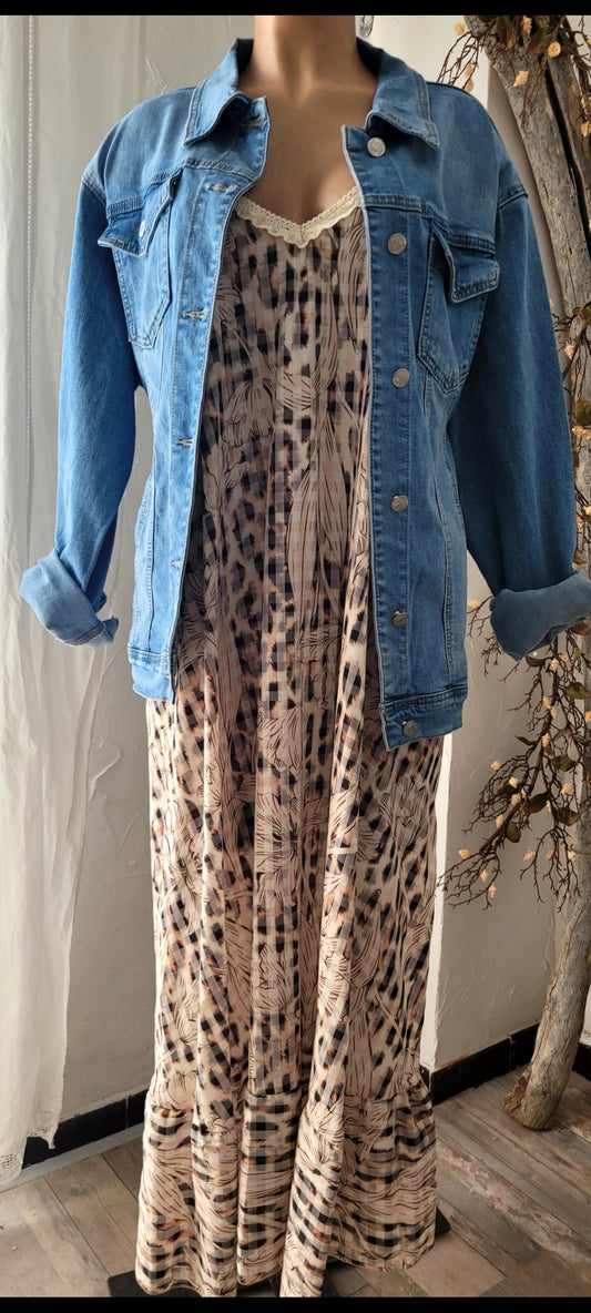 🍀 Robe Maxi "Sable Bohème" – Imprimé Floral & Vichy