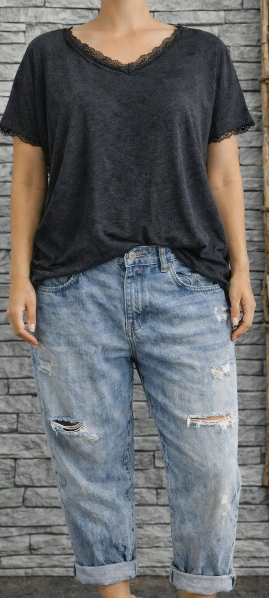 ❤️Top Fluide Chiné – Détails Dentelle & Nœud