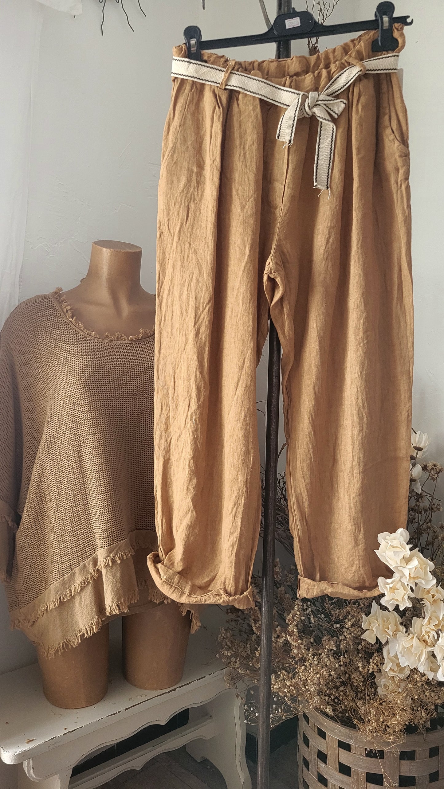 🍀 Pantalon Ample en Lin Tissé – camel