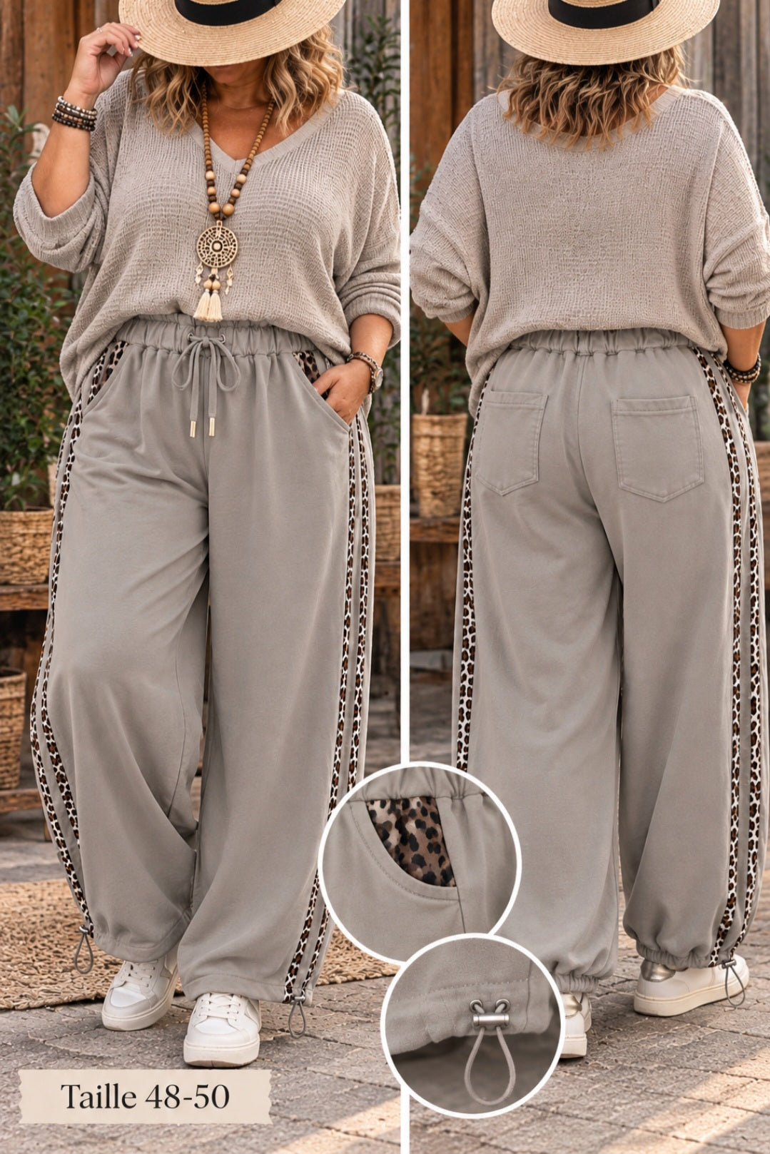 Pantalon bohème chic à bandes léopard – Bas ajustable couleur taupe