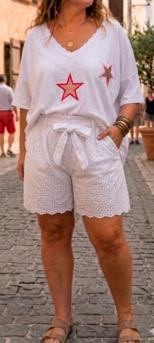 🌺 T-shirt Tunique en coton  - Style Bohème-Chic avec Détails Étoile Pink