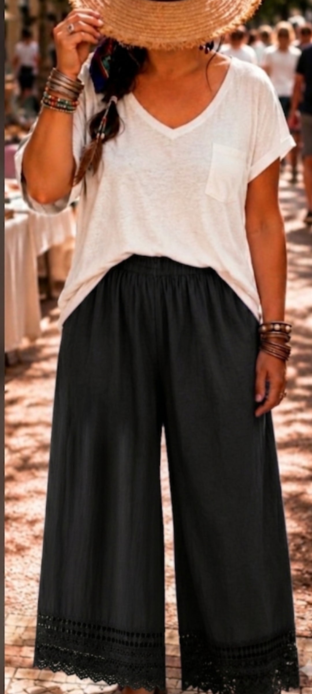 🎀 Pantalon large et fluide en coton noir  , style bohème.