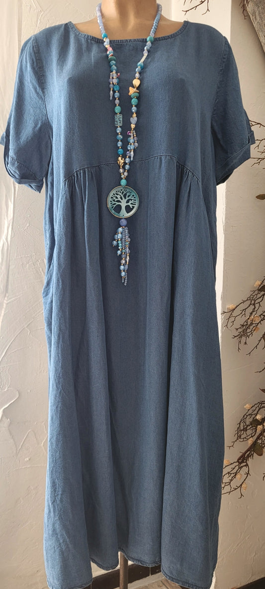 💋 Robe Tunique en Denim Léger – Coupe Boho & Détails Plissés