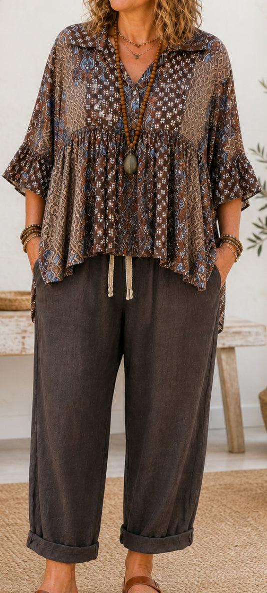 🍀 Pantalon Ample en Lin Tissé – chocolat