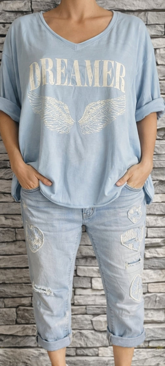 🌸 T-shirt Oversize bleu délavé sur le devant "Dreamer" – Coupe Confort & Style Ailes