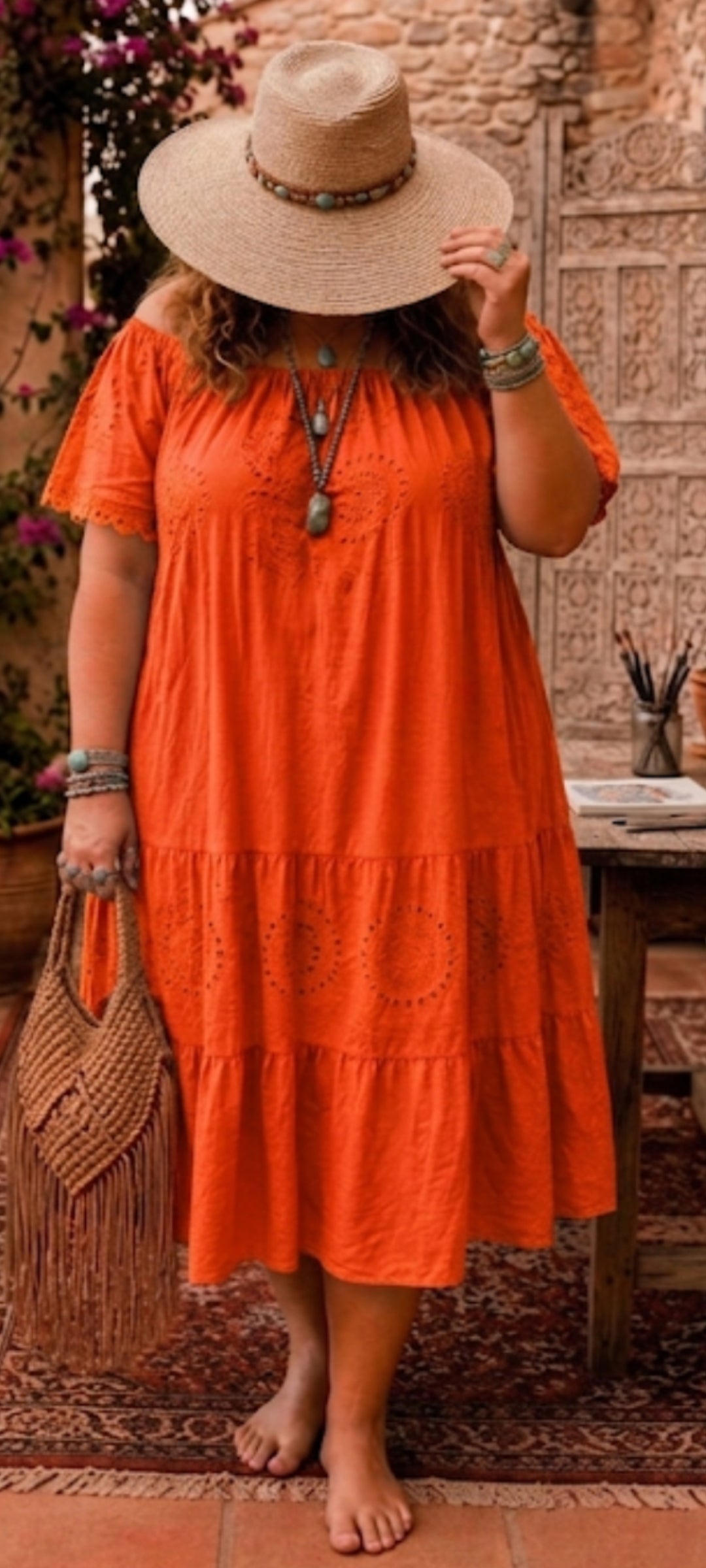 🍒 Robe longue bohème en coton – orange