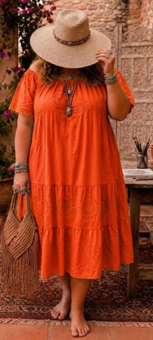🍒 Robe longue bohème en coton – orange