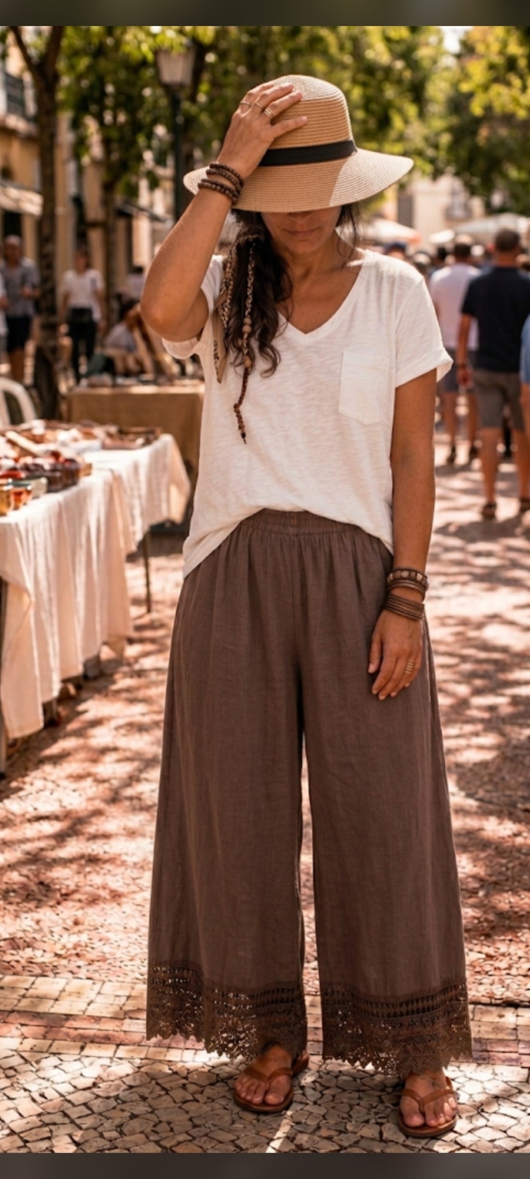 🎀 Pantalon large et fluide en coton couleur chocolat