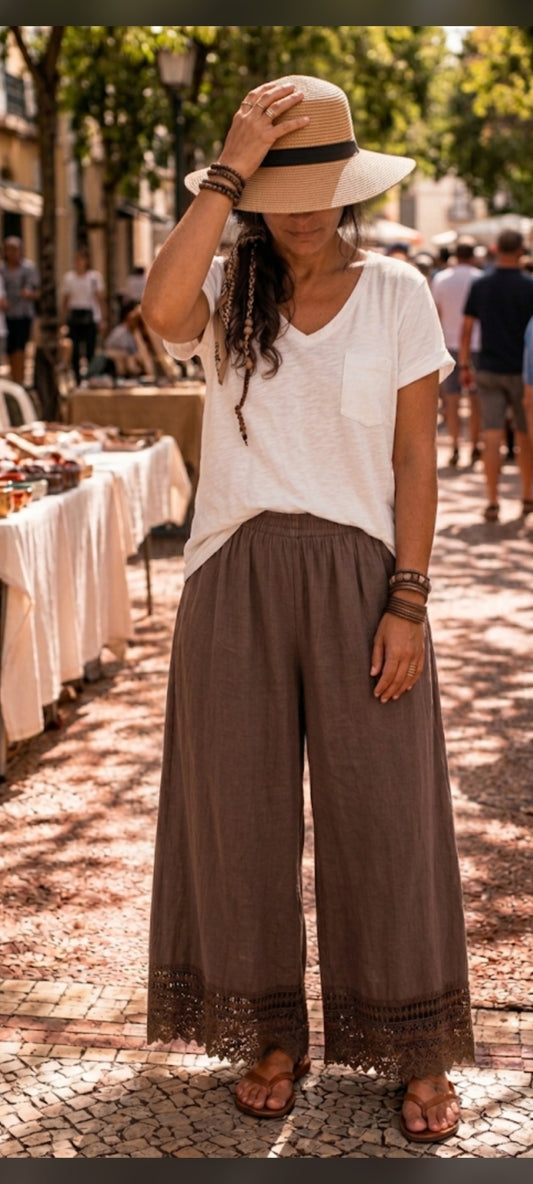 🎀 Pantalon large et fluide en coton couleur chocolat