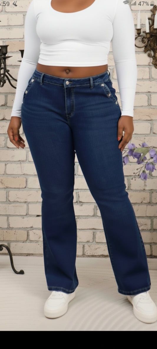 🌺 Jean Denim Taille Haute Bootcut avec Boutons Cœur Décoratifs