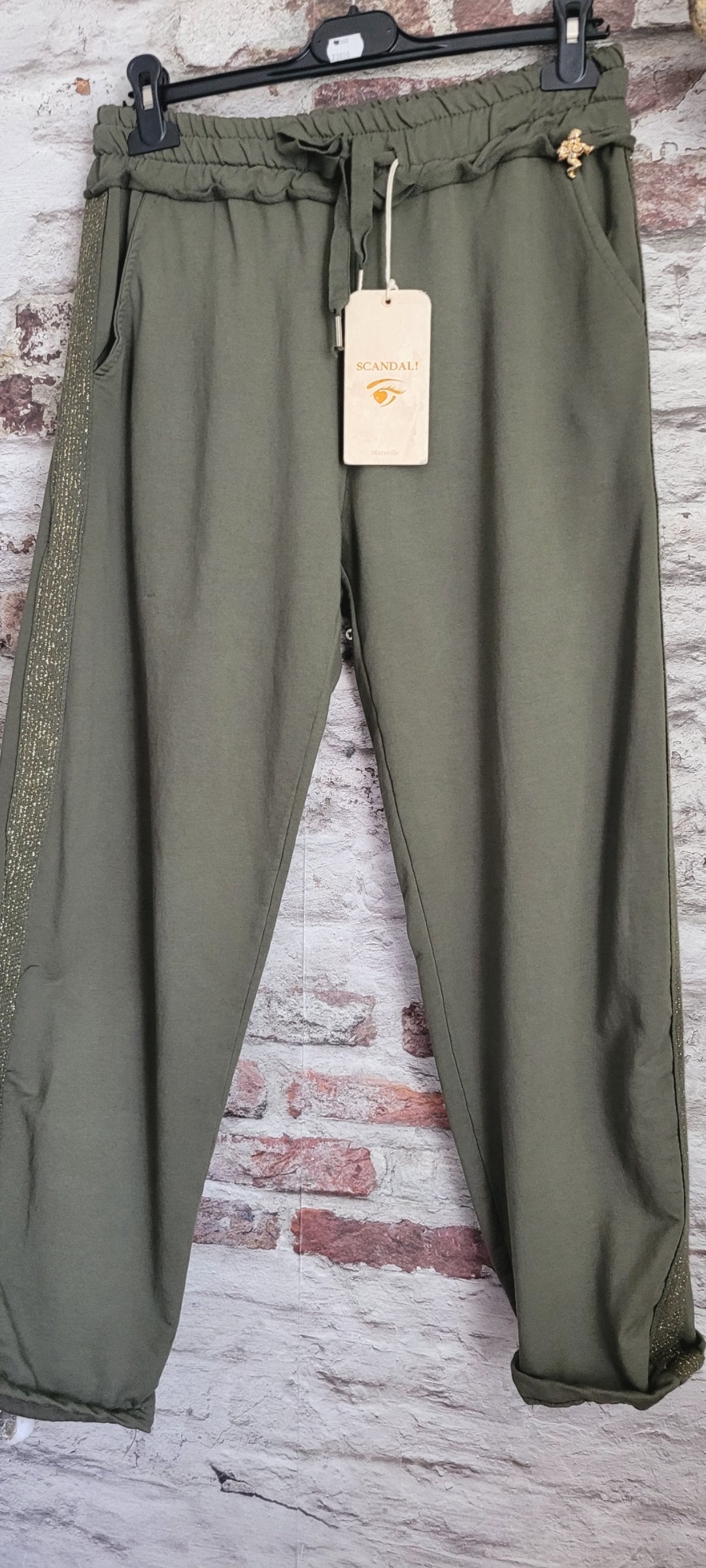 🌺 Pantalon Jogging Kaki Sport-Chic avec Bande Pailletée