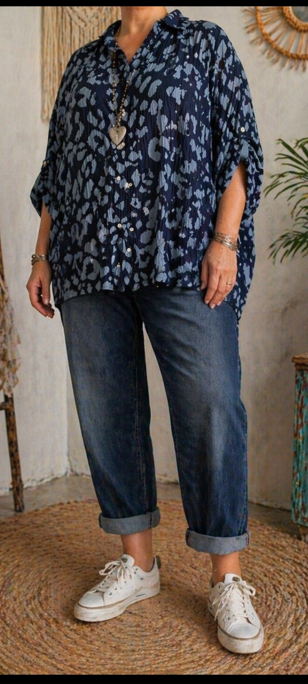 💕 Chemise Oversize en Voile de Coton Gaufré à Imprimé Léopard Bleu