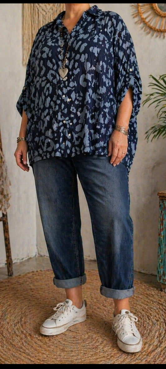 💕 Chemise Oversize en Voile de Coton Gaufré à Imprimé Léopard Bleu