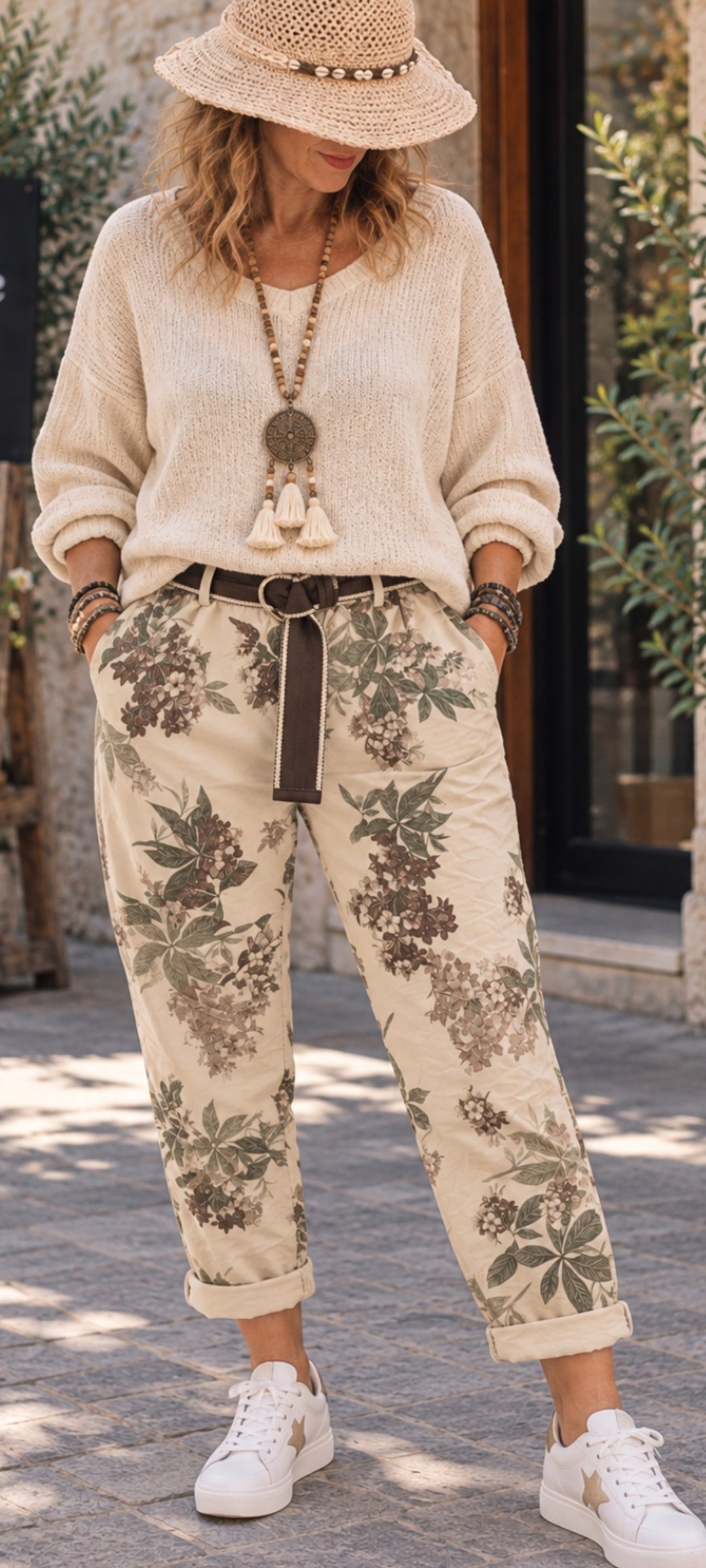 Pantalon bohème fleuri – Beige crème
