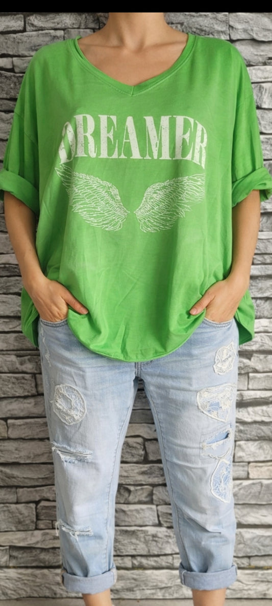 🌸 T-shirt Oversize vert délavé sur le devant "Dreamer" – Coupe Confort & Style Ailes