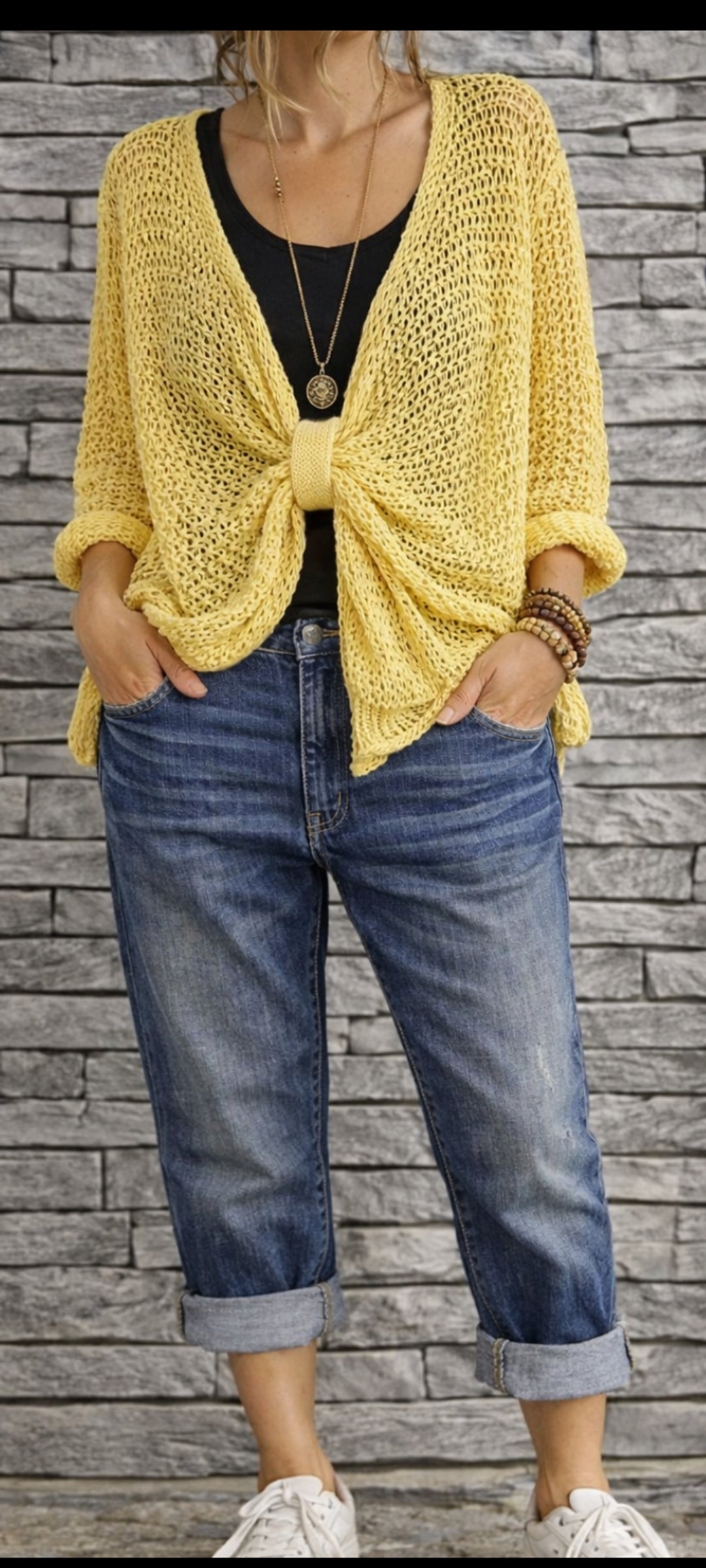 🌺Pull en Maille Filet Jaune Mimosa – Coupe Oversize
