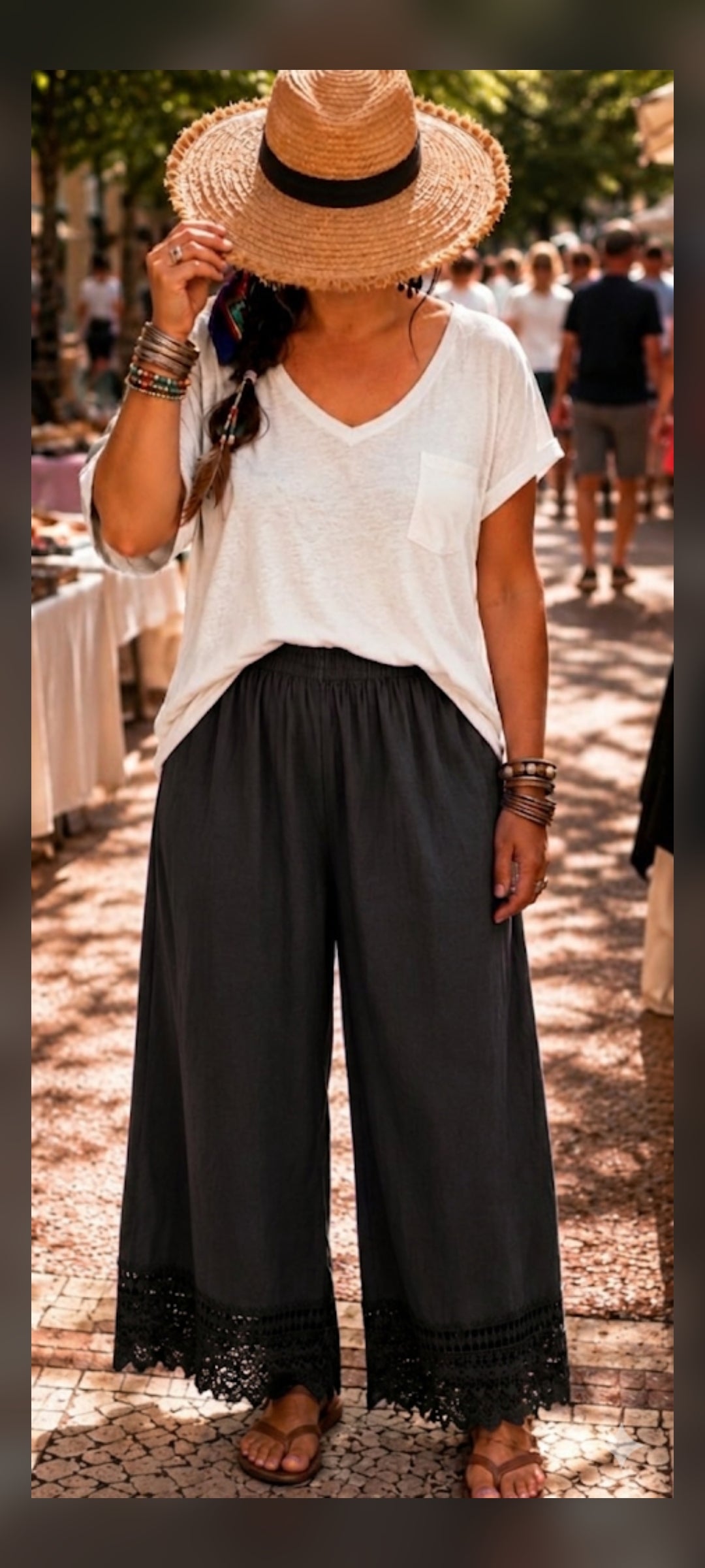 🎀 Pantalon large et fluide en coton noir  , style bohème.