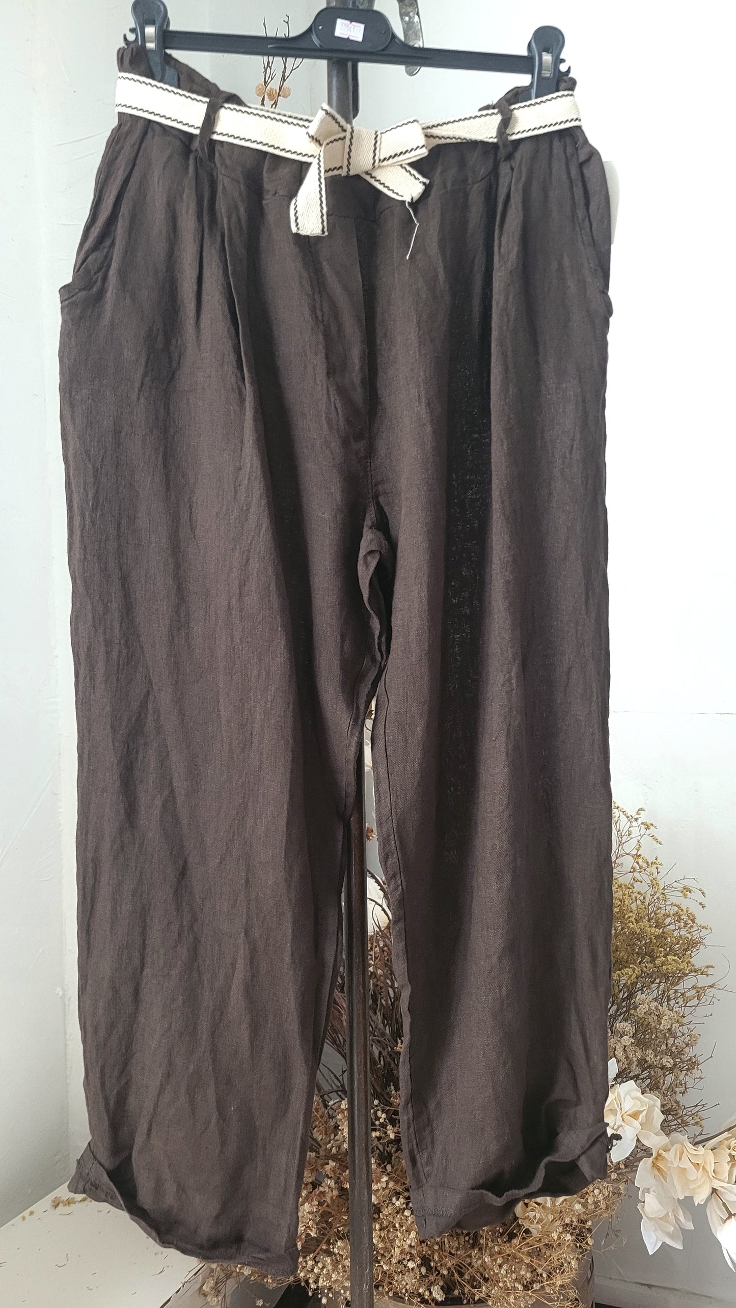🍀 Pantalon Ample en Lin Tissé – chocolat