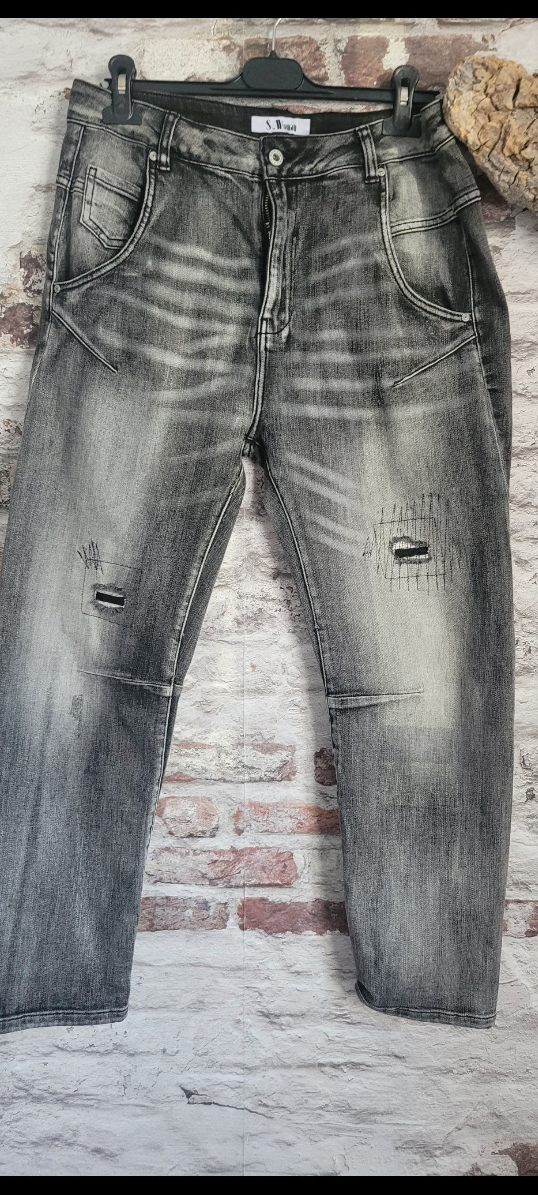 💋Jean Boyfriend S. Woman Noir Délavé Destroy