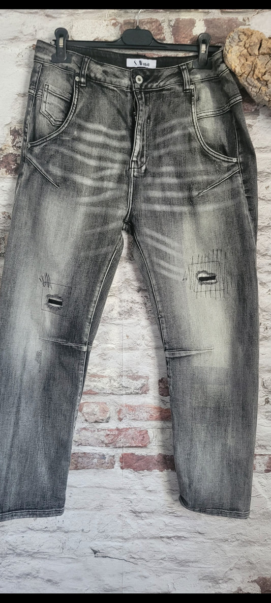 💋Jean Boyfriend S. Woman Noir Délavé Destroy