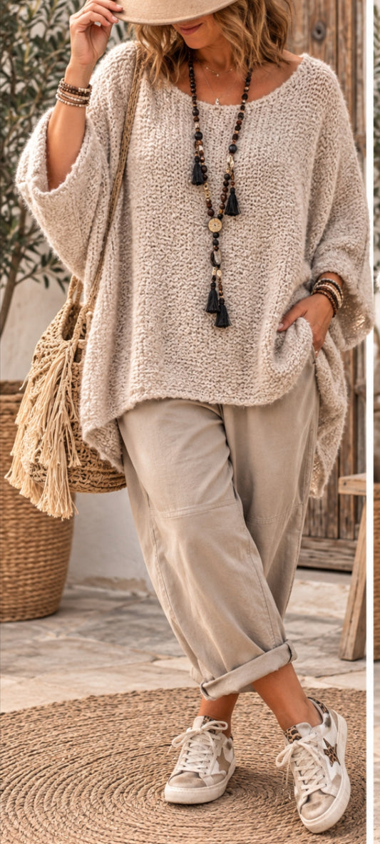 Pull ample beige en maille bouclette