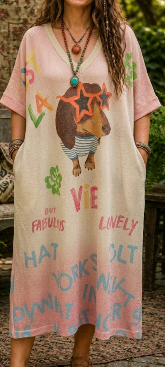 🎀 La Robe Longue "Dog Pop-Art" : Le confort bohème rencontre l'audace pop