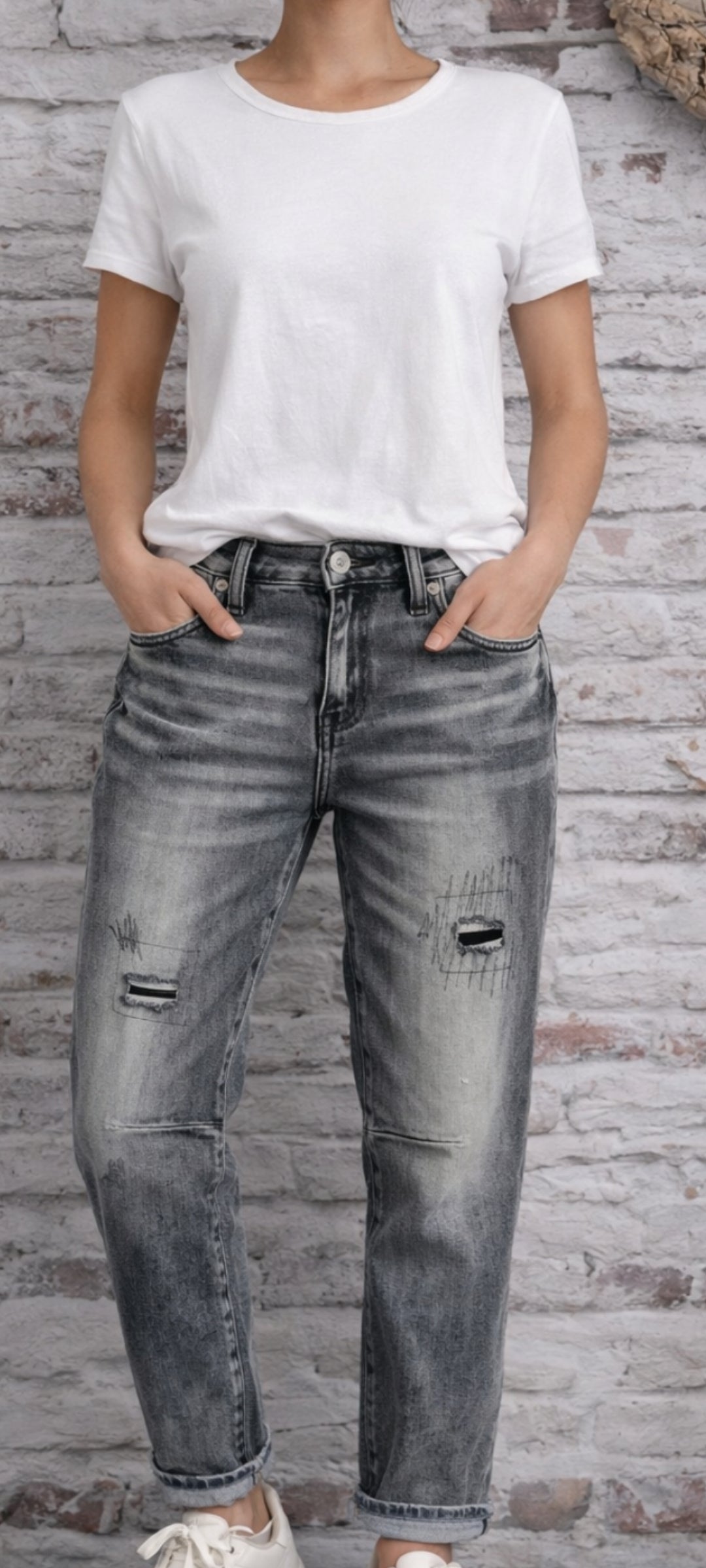 💋Jean Boyfriend S. Woman Noir Délavé Destroy