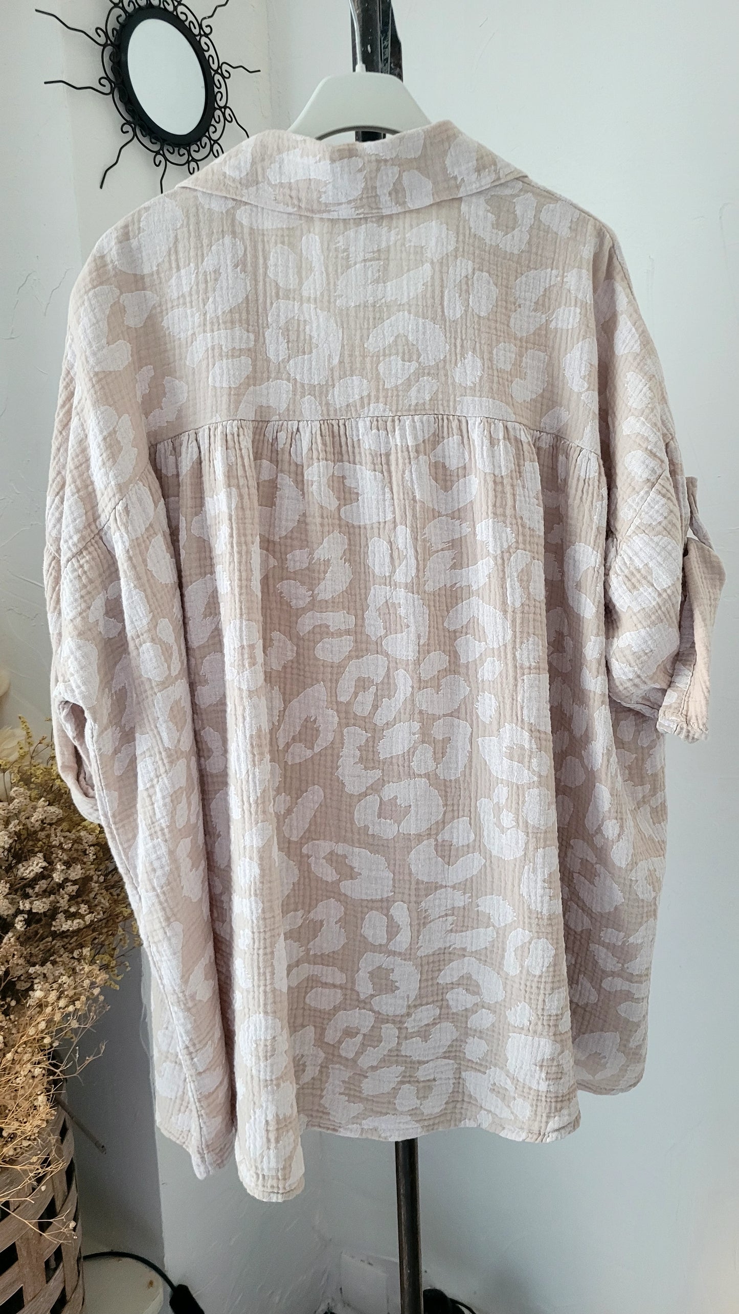 💕Chemise Oversize en Voile de Coton Gaufré à Imprimé Léopard beige