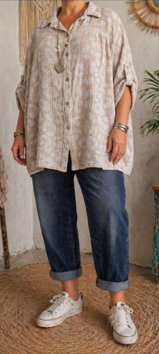 💕Chemise Oversize en Voile de Coton Gaufré à Imprimé Léopard beige