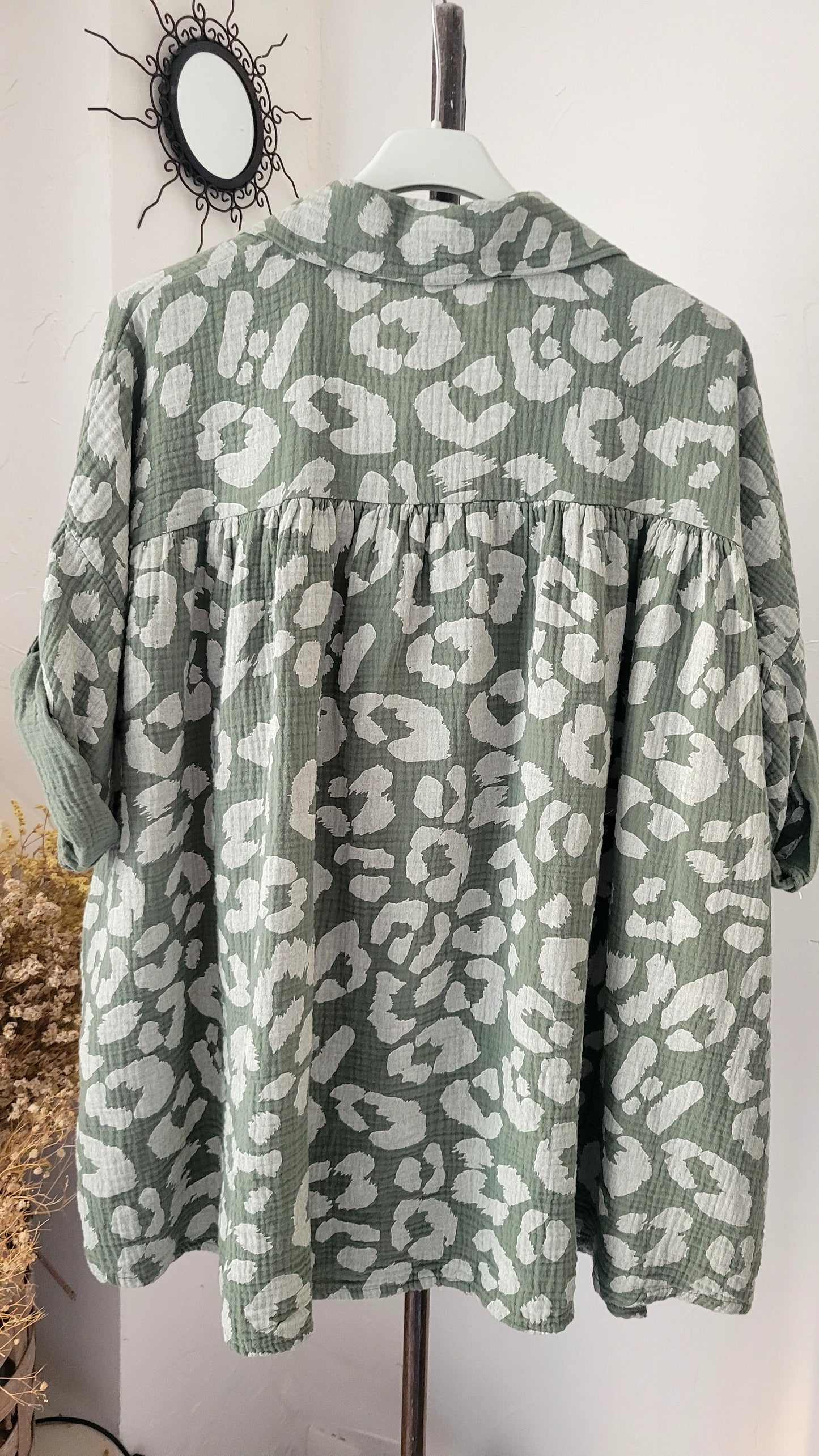 💕Chemise Oversize en Voile de Coton Gaufré à Imprimé Léopard vert