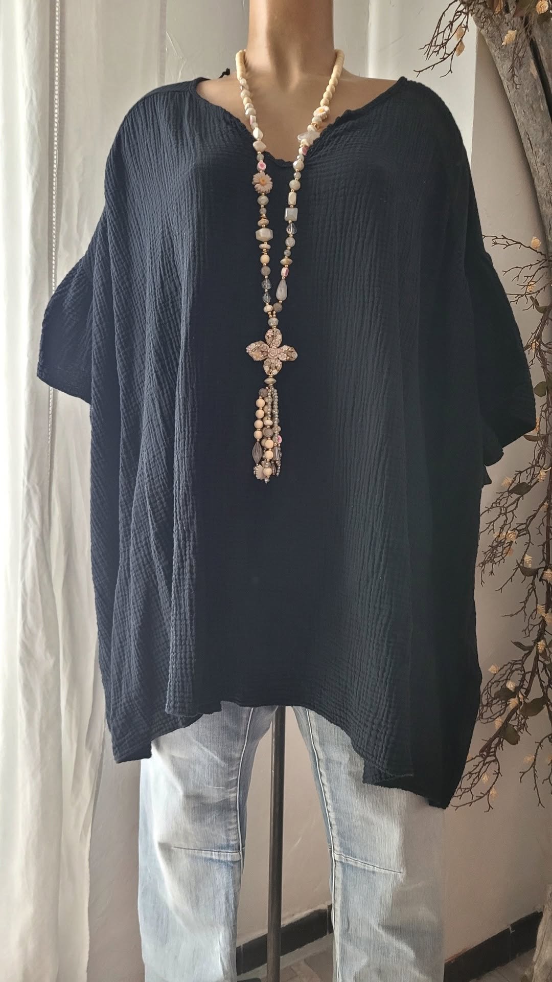 🌼 Tunique Oversize en Gaze de Coton – noir